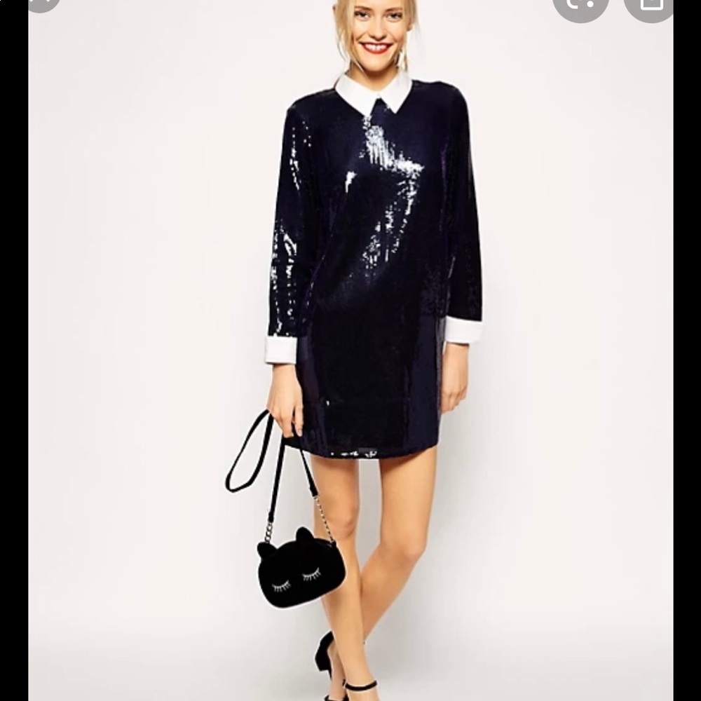 NWT ASOS black sequin tank dress white collar 4P